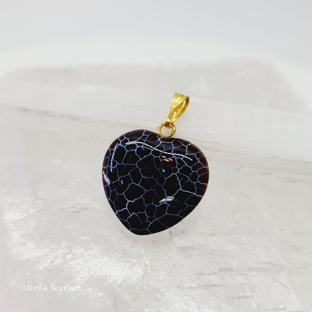 Pretty Brown Blue White Dragon Veins Agate Heart Pendant Gold Toned Bail 1.1"